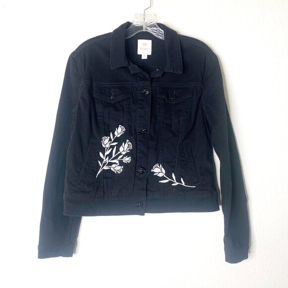 LuLaRoe Harvey Black Denim Crop Jacket with White Embroidered Roses Women’s Sz M - Picture 1 of 11